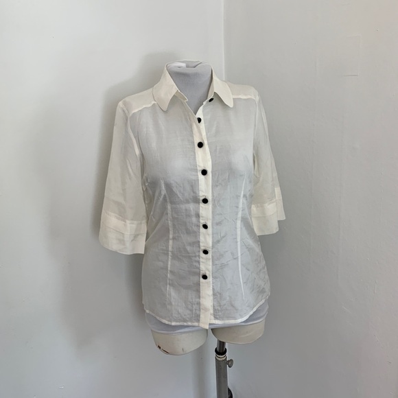 Kensie Pretty Button Down Blouse Top White Silky Classic Cream White Thin 3/4 - Picture 9 of 17